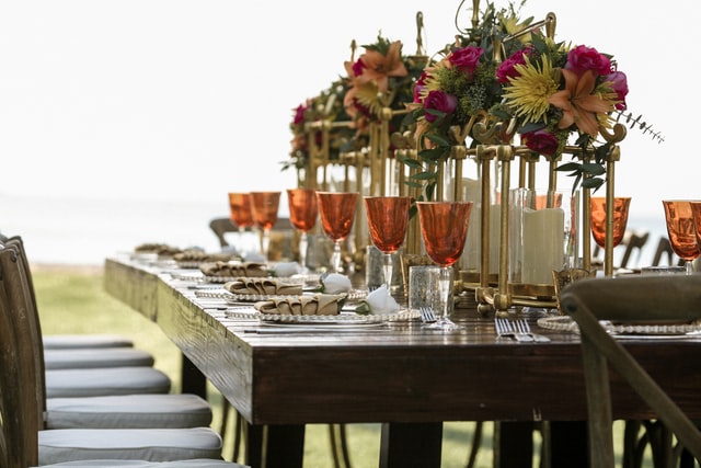 flower centerpiece on wood table